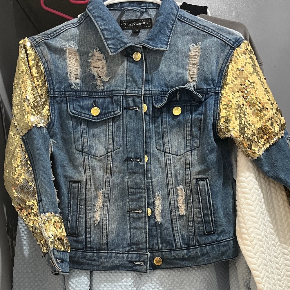 Denim&Co Kids Blue Jacket with Gold Sequin Sleeves